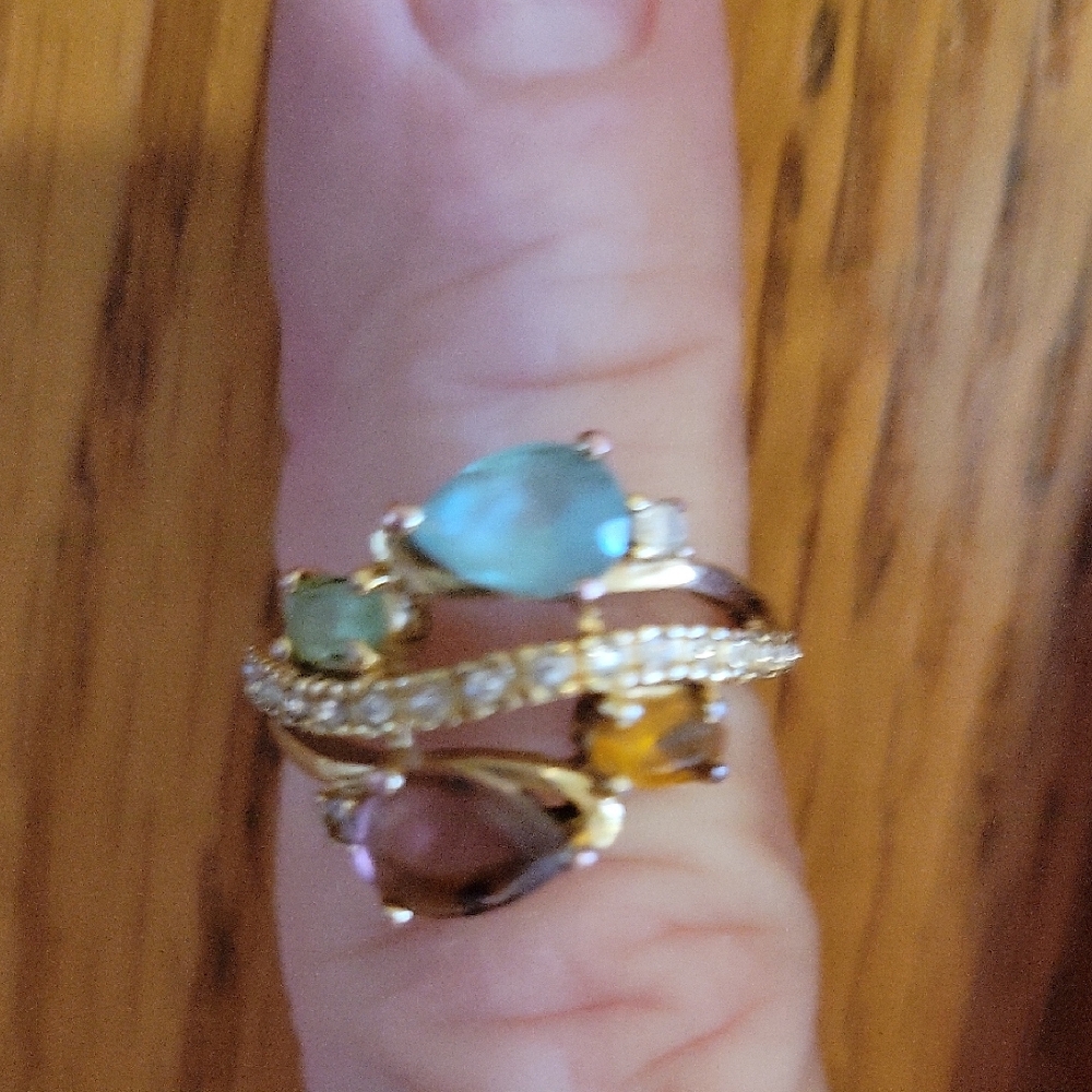 Gold Multi-Stone Ring with Blue and Brown Accents